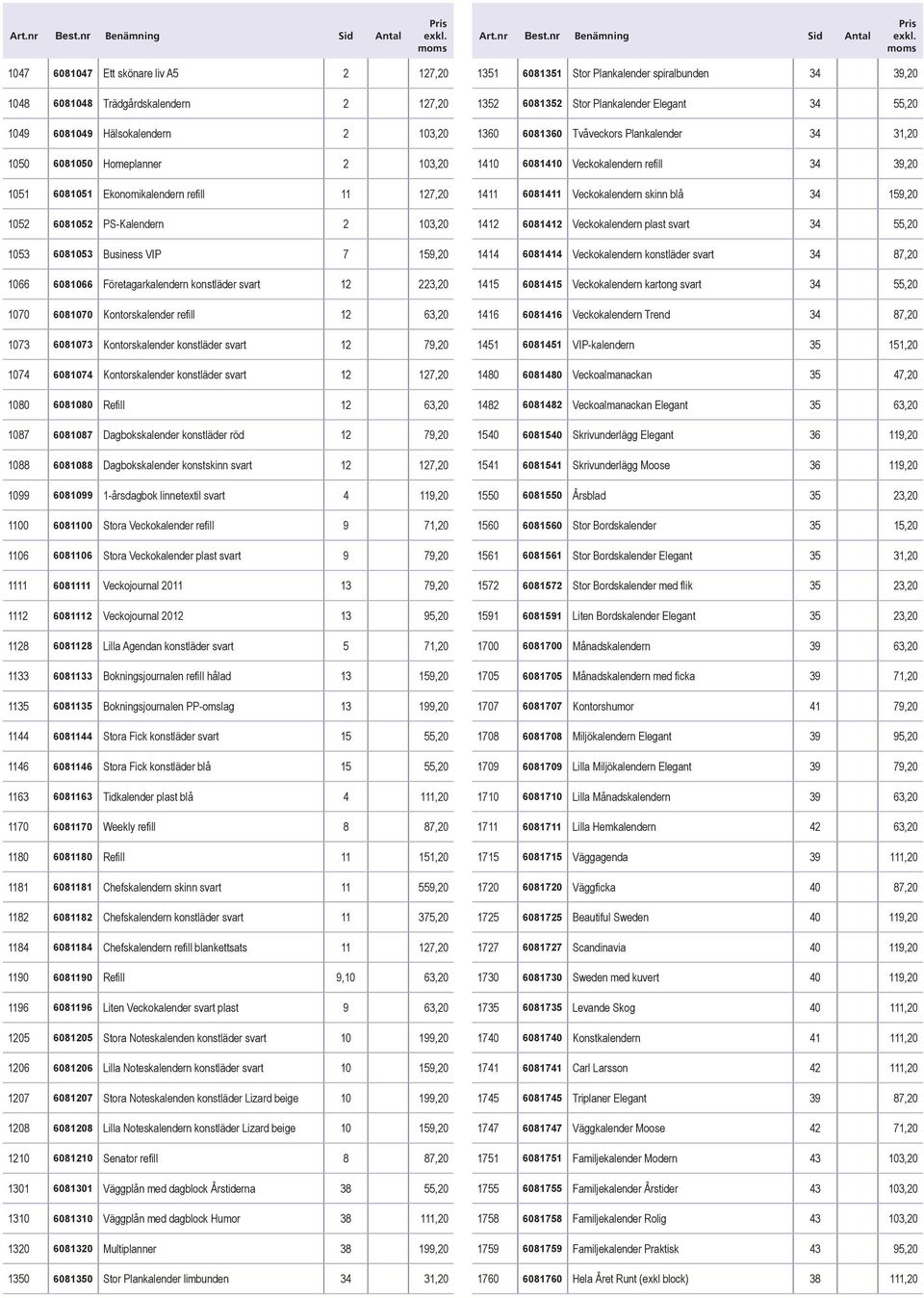 Kontorskalender konstläder svart 12 79,20 1074 6081074 Kontorskalender konstläder svart 12 127,20 1080 6081080 Refill 12 63,20 1087 6081087 Dagbokskalender konstläder röd 12 79,20 1088 6081088