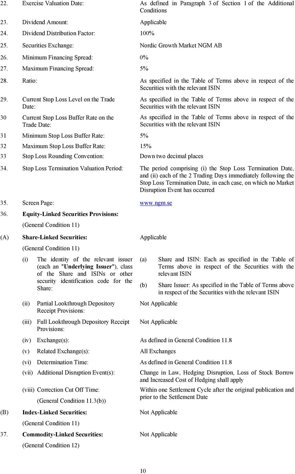 Ratio: As specified in the Table of Terms above in respect of the Securities with the relevant ISIN 29.