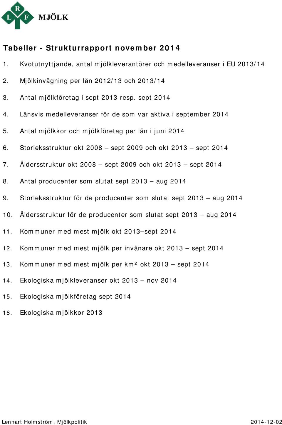 Storleksstruktur okt 2008 sept 2009 och okt 2013 sept 2014 7. Åldersstruktur okt 2008 sept 2009 och okt 2013 sept 2014 8. Antal producenter som slutat sept 2013 aug 2014 9.