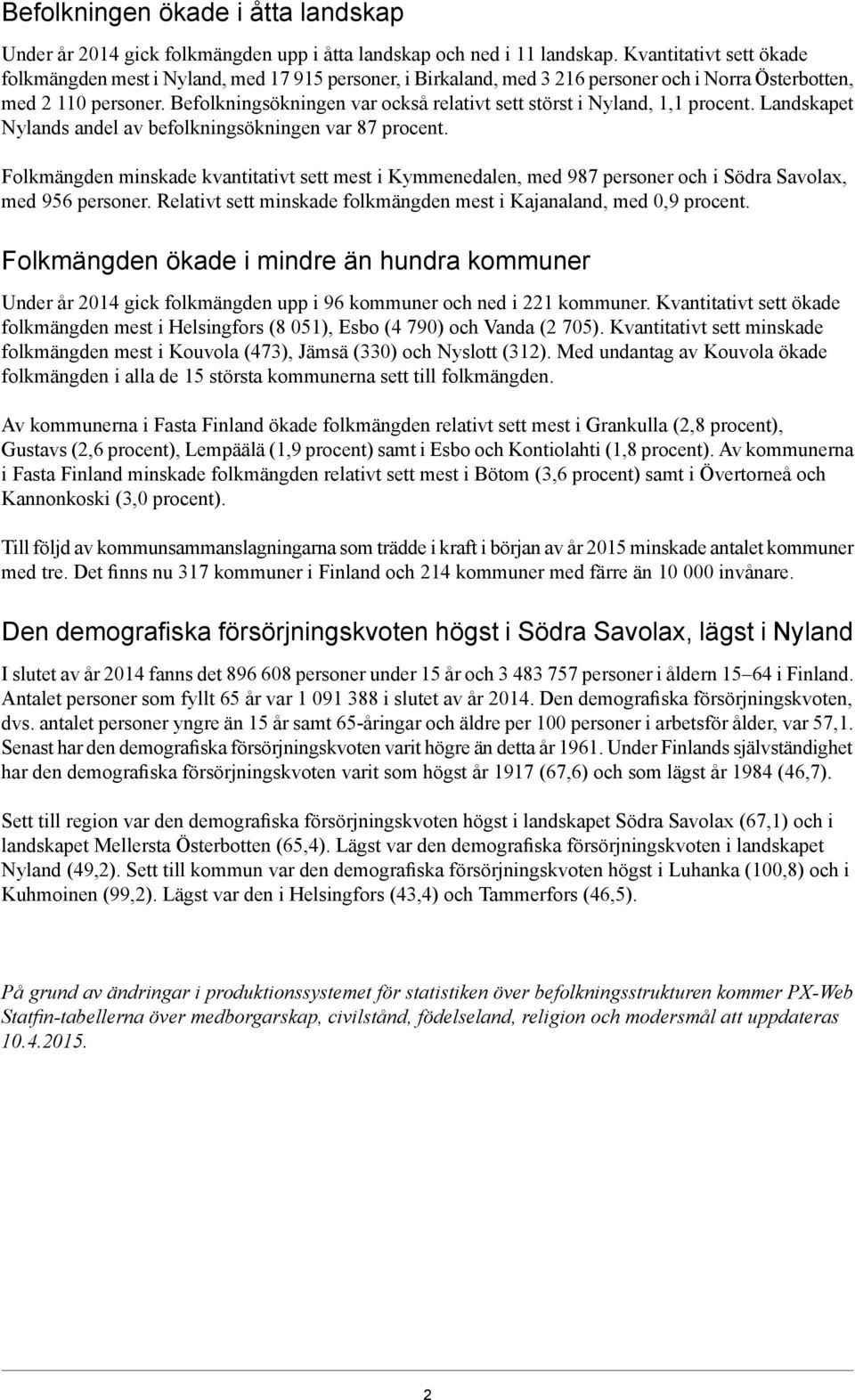 Befolkningsökningen var också relativt sett störst i Nyland, 1,1 procent. Landskapet Nylands andel av befolkningsökningen var 87 procent.