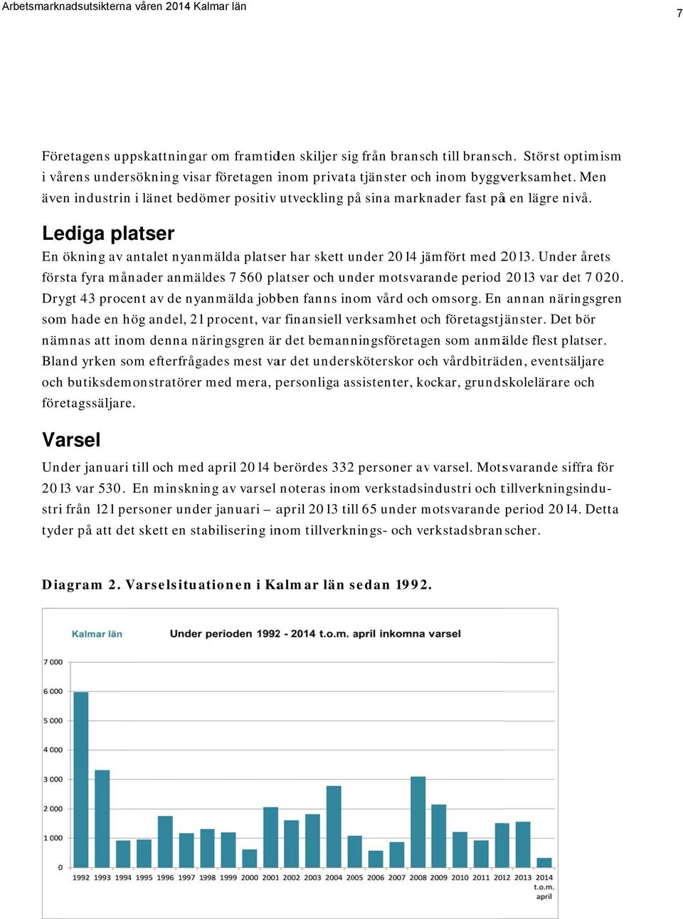 Lediga platser En ökning av antalet nyanmälda platser har skett under 2014 jämfört med 2013. Under årets första fyra månader anmäldes 7 560 platser och under motsvarande period 2013 var dett 7 020.