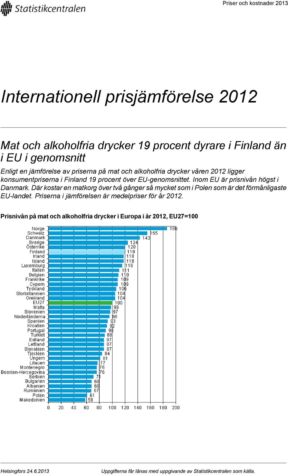 Inom EU är prisnivån högst i Danmark. Där kostar en matkorg över två gånger så mycket som i Polen som är det förmånligaste EU-landet.