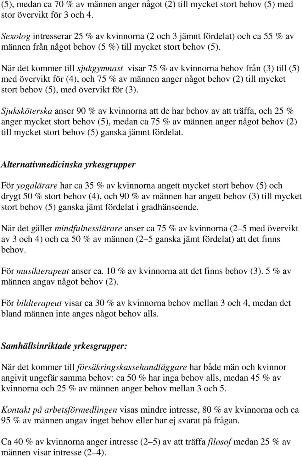 När det kommer till sjukgymnast visar 7 % av kvinnorna behov från () till () med övervikt för (), och 7 % av männen anger något behov () till mycket stort behov (), med övervikt för ().