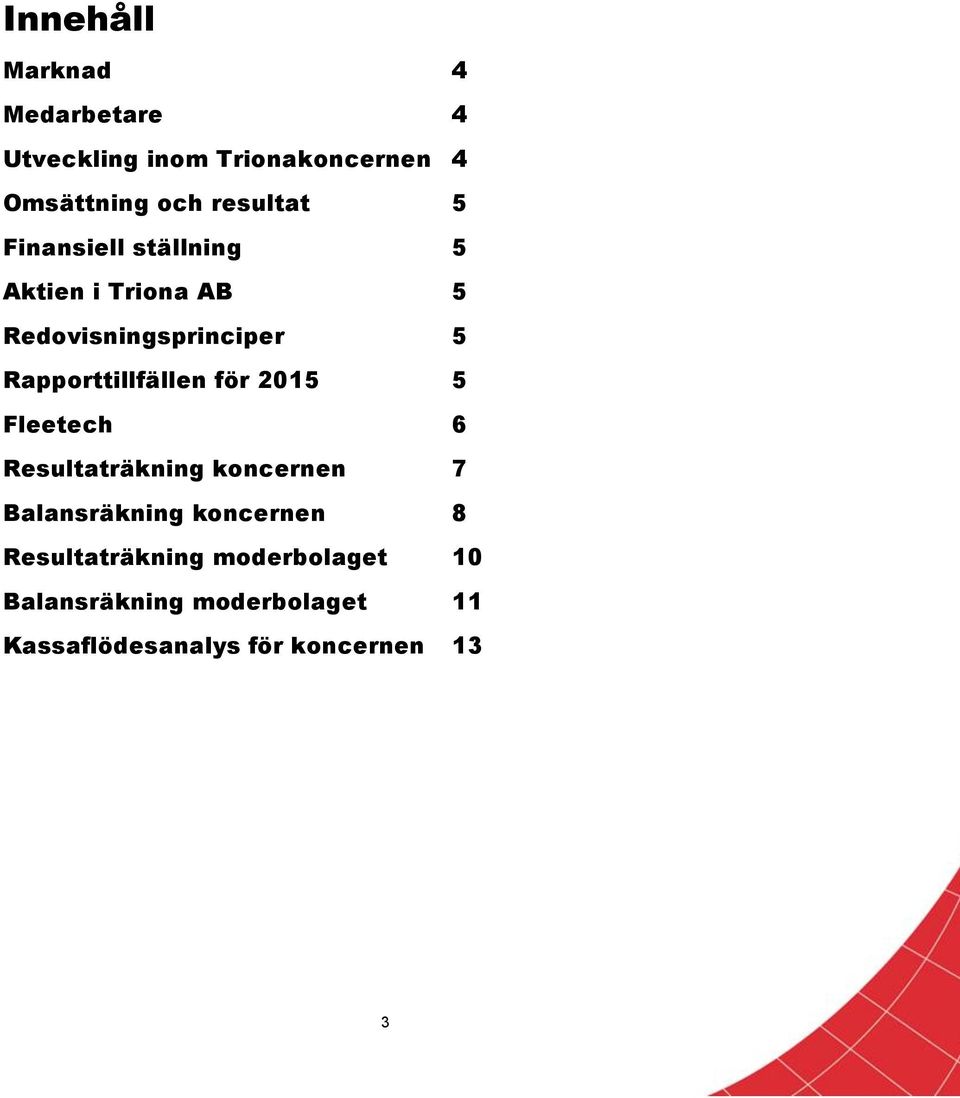 Rapporttillfällen för 2015 5 Fleetech 6 Resultaträkning koncernen 7 Balansräkning