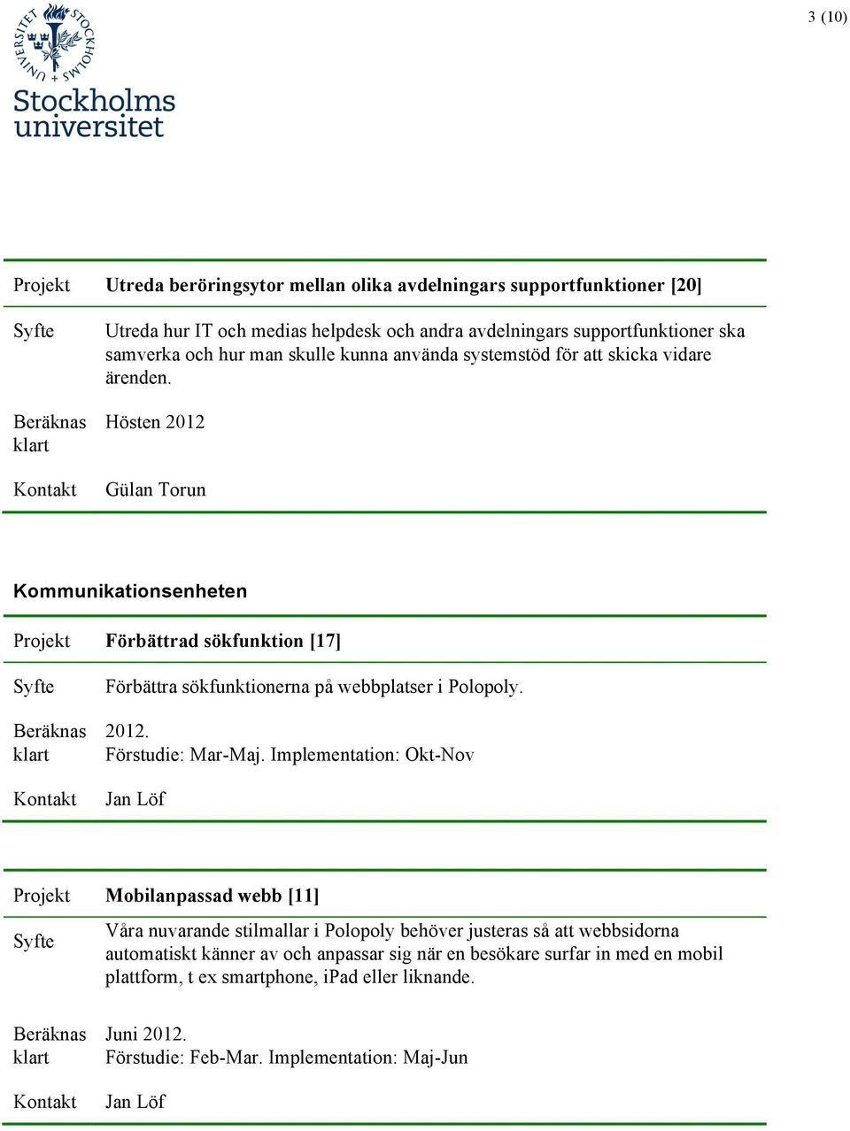 Hösten 2012 Gülan Torun Kommunikationsenheten Projekt Förbättrad sökfunktion [17] Förbättra sökfunktionerna på webbplatser i Polopoly. 2012. Förstudie: Mar-Maj.