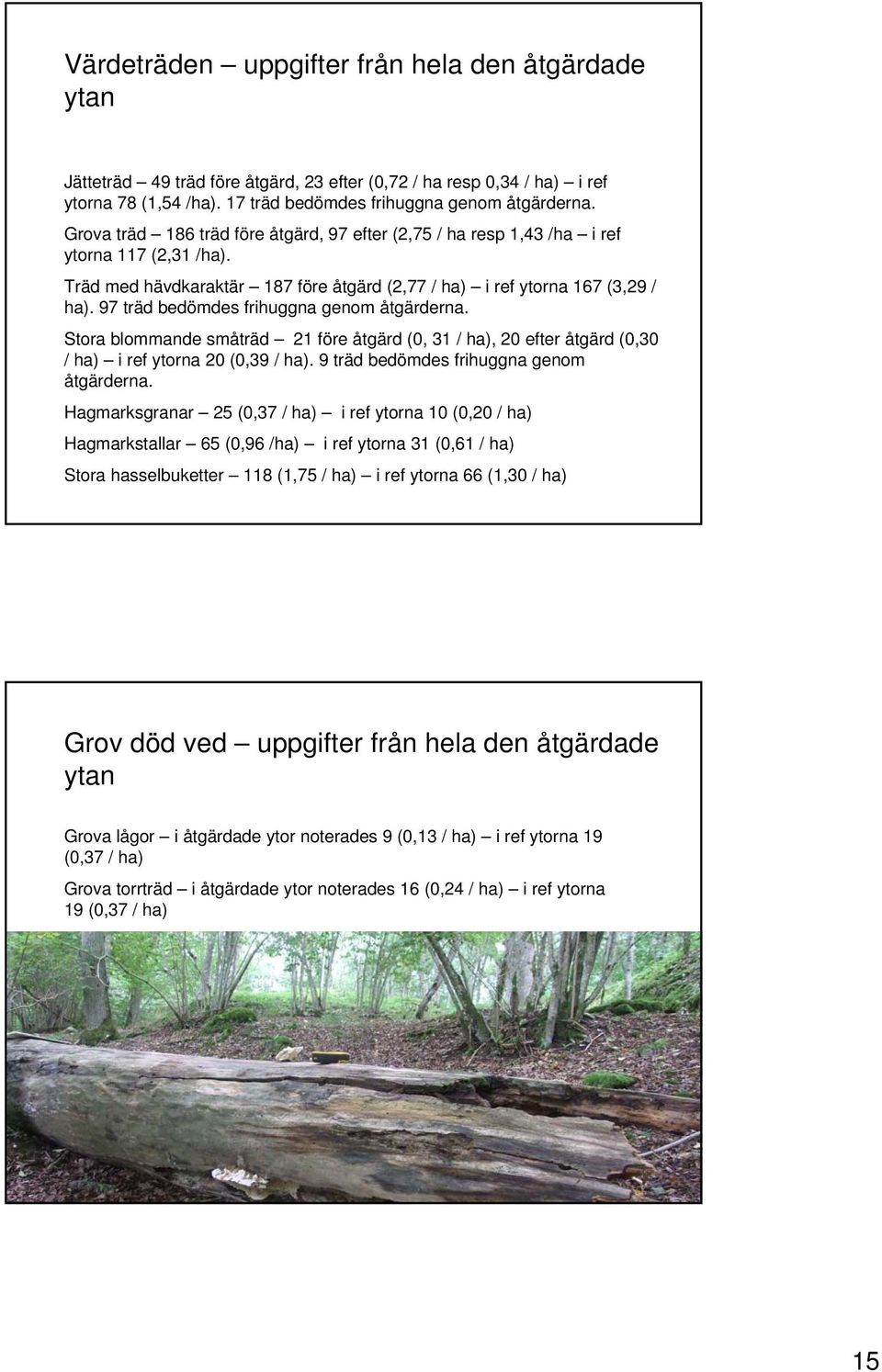 97 träd bedömdes frihuggna genom åtgärderna. Stora blommande småträd 21 före åtgärd (0, 31 / ha), 20 efter åtgärd (0,30 / ha) i ref ytorna 20 (0,39 / ha). 9 träd bedömdes frihuggna genom åtgärderna.