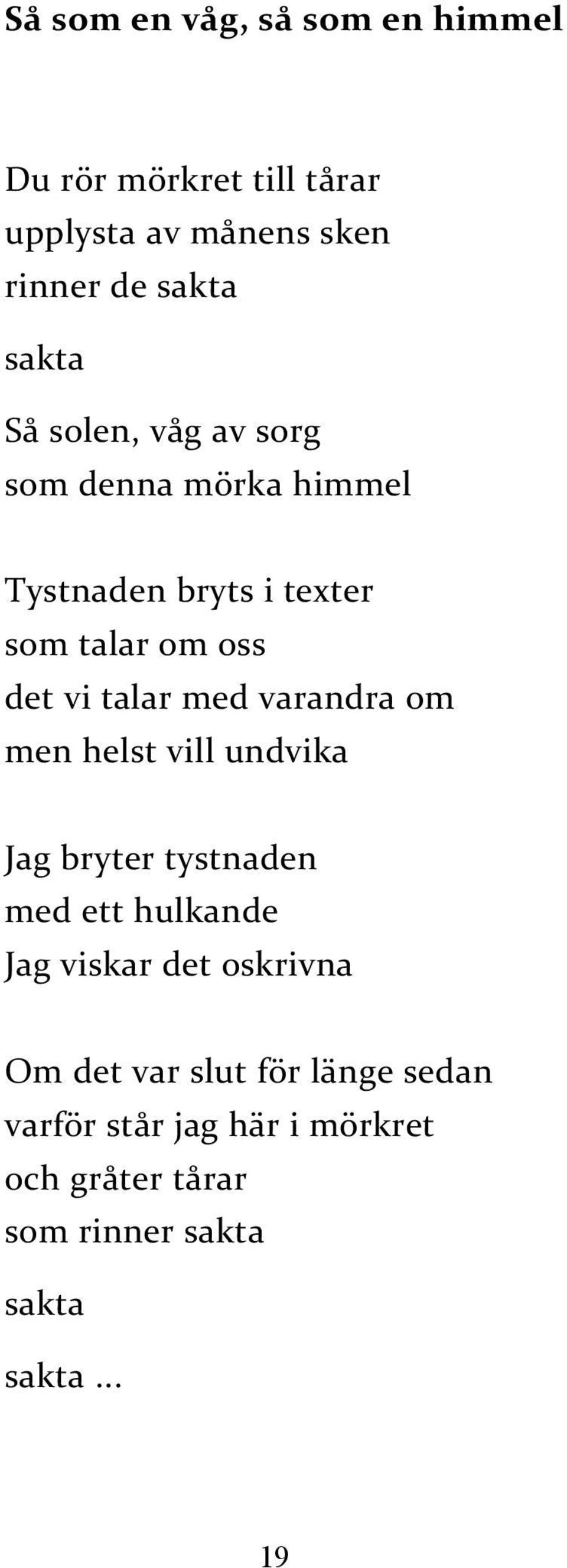 varandra om men helst vill undvika Jag bryter tystnaden med ett hulkande Jag viskar det oskrivna Om det