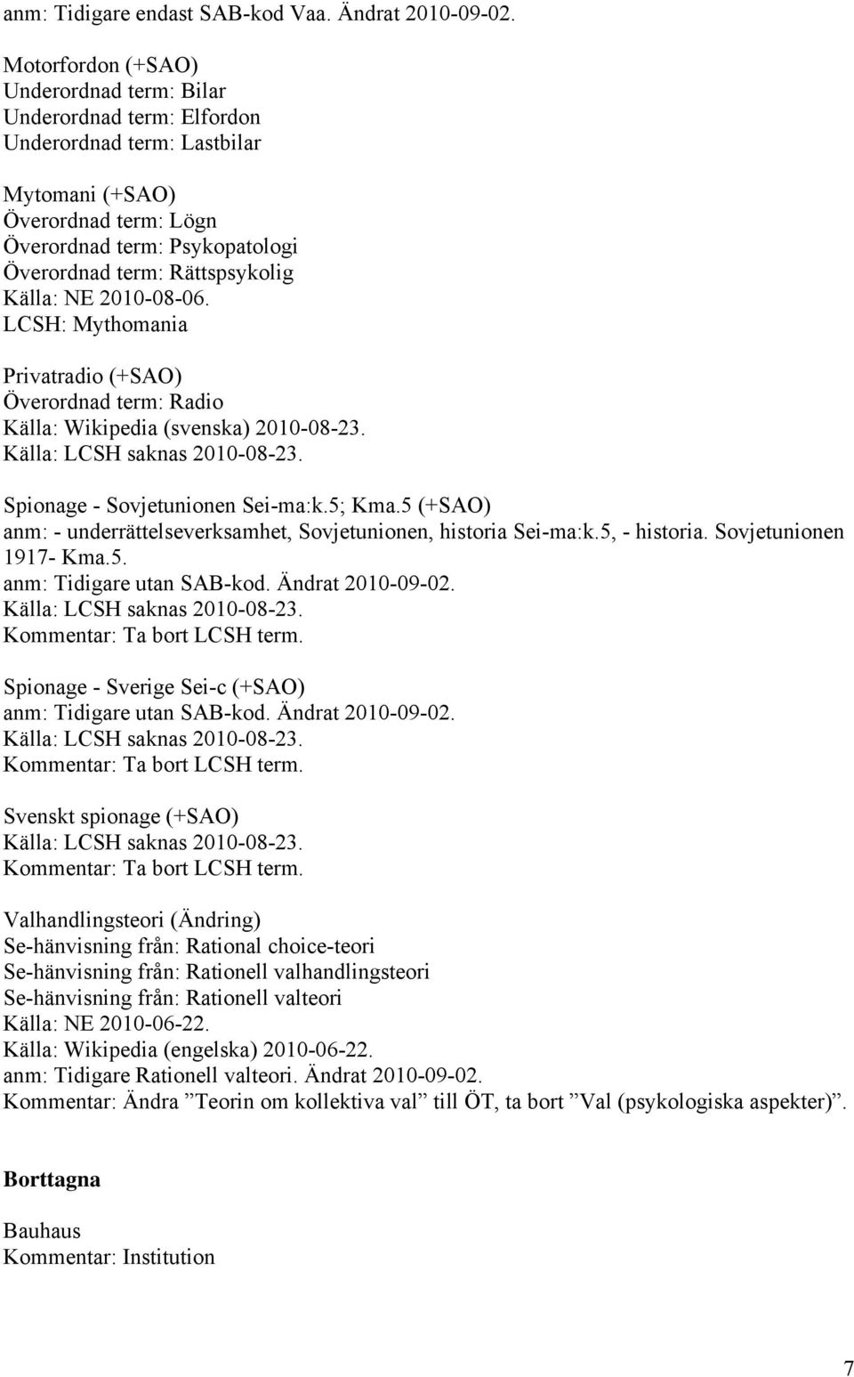 Källa: NE 2010-08-06. LCSH: Mythomania Privatradio (+SAO) Överordnad term: Radio Källa: Wikipedia (svenska) 2010-08-23. Källa: LCSH saknas 2010-08-23. Spionage - Sovjetunionen Sei-ma:k.5; Kma.