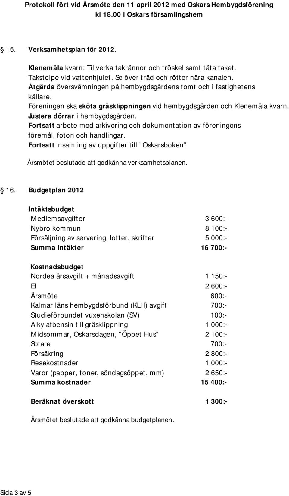 Fortsatt arbete med arkivering och dokumentation av föreningens föremål, foton och handlingar. Fortsatt insamling av uppgifter till Oskarsboken. Årsmötet beslutade att godkänna verksamhetsplanen. 16.