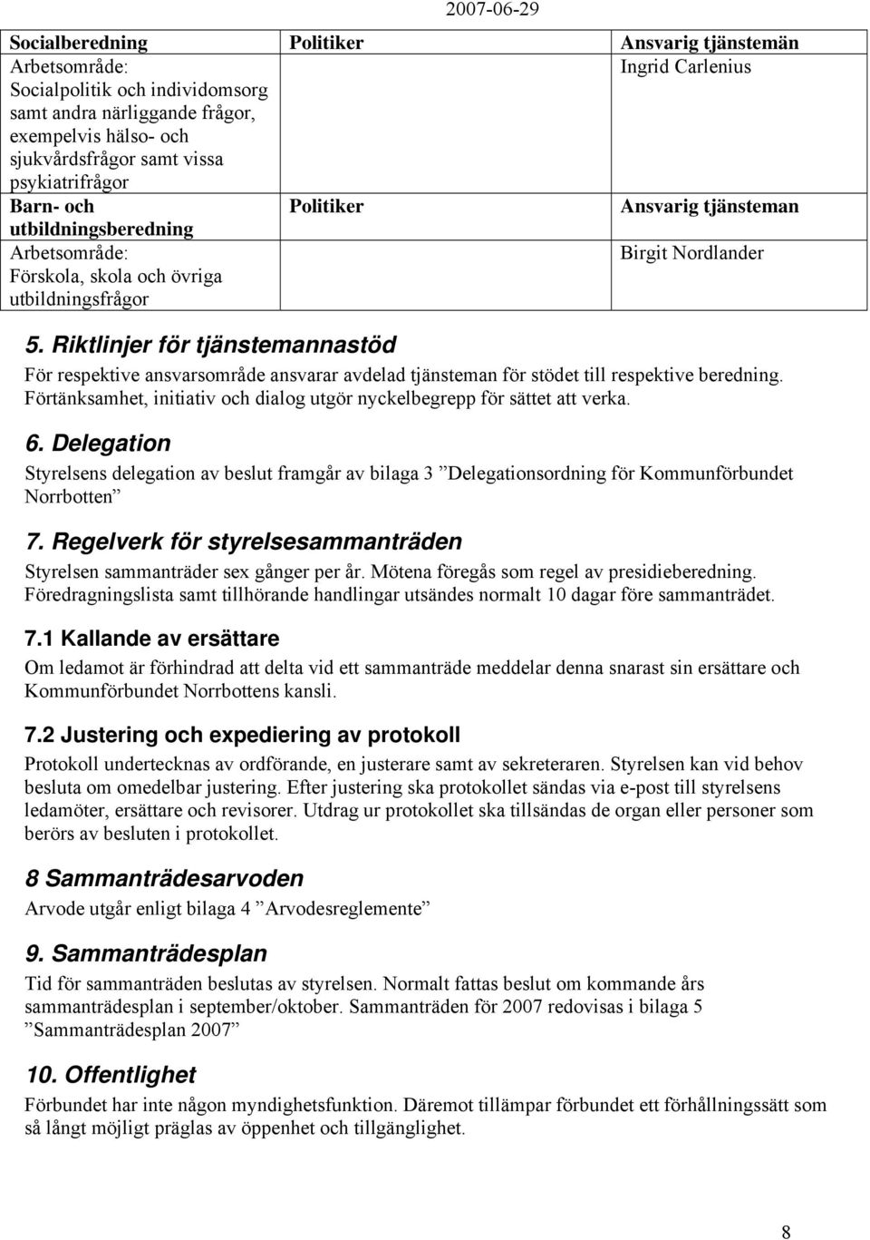 Riktlinjer för tjänstemannastöd För respektive ansvarsområde ansvarar avdelad tjänsteman för stödet till respektive beredning.