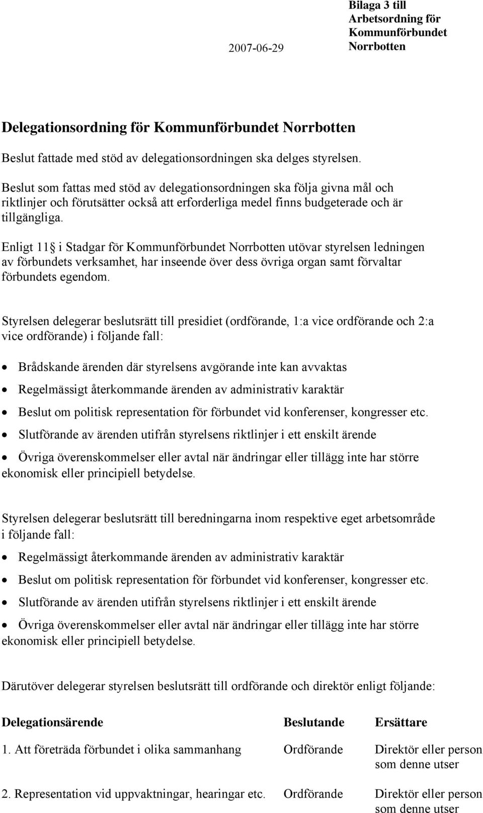 Enligt 11 i Stadgar för Kommunförbundet Norrbotten utövar styrelsen ledningen av förbundets verksamhet, har inseende över dess övriga organ samt förvaltar förbundets egendom.