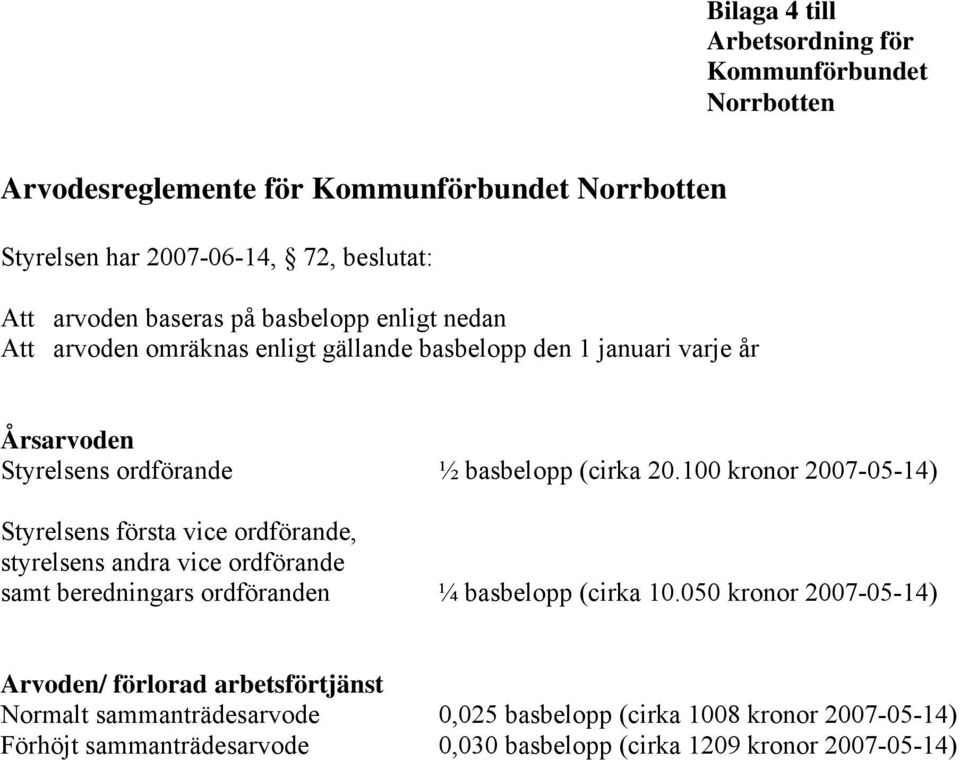 100 kronor 2007-05-14) Styrelsens första vice ordförande, styrelsens andra vice ordförande samt beredningars ordföranden ¼ basbelopp (cirka 10.