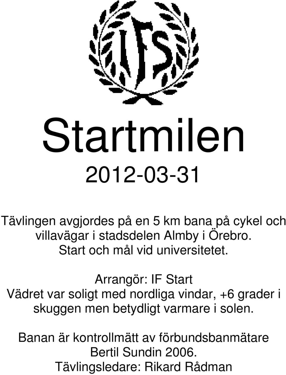 Arrangör: IF Start Vädret var soligt med nordliga vindar, +6 grader i skuggen men