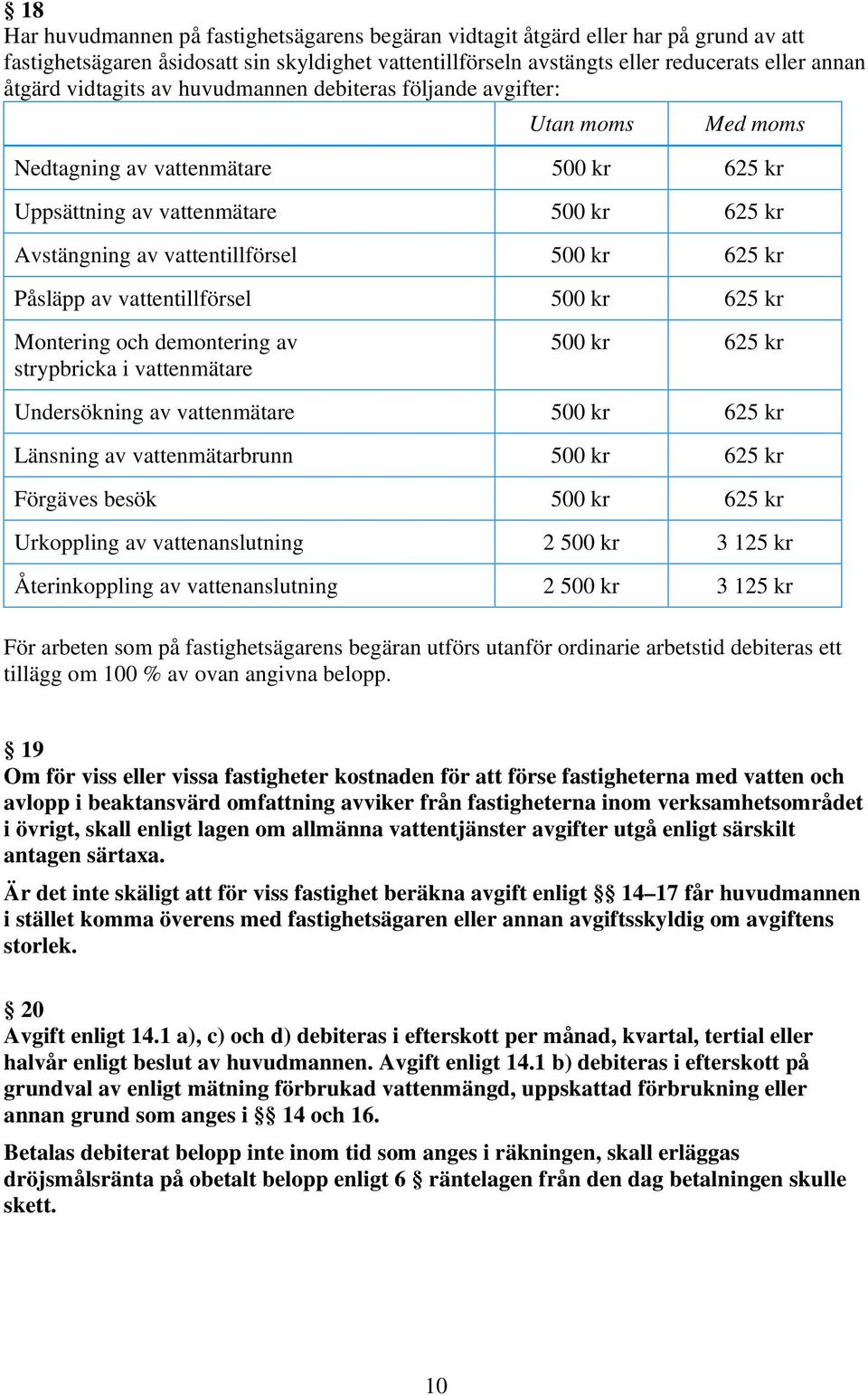 kr Påsläpp av vattentillförsel 500 kr 625 kr Montering och demontering av strypbricka i vattenmätare 500 kr 625 kr Undersökning av vattenmätare 500 kr 625 kr Länsning av vattenmätarbrunn 500 kr 625