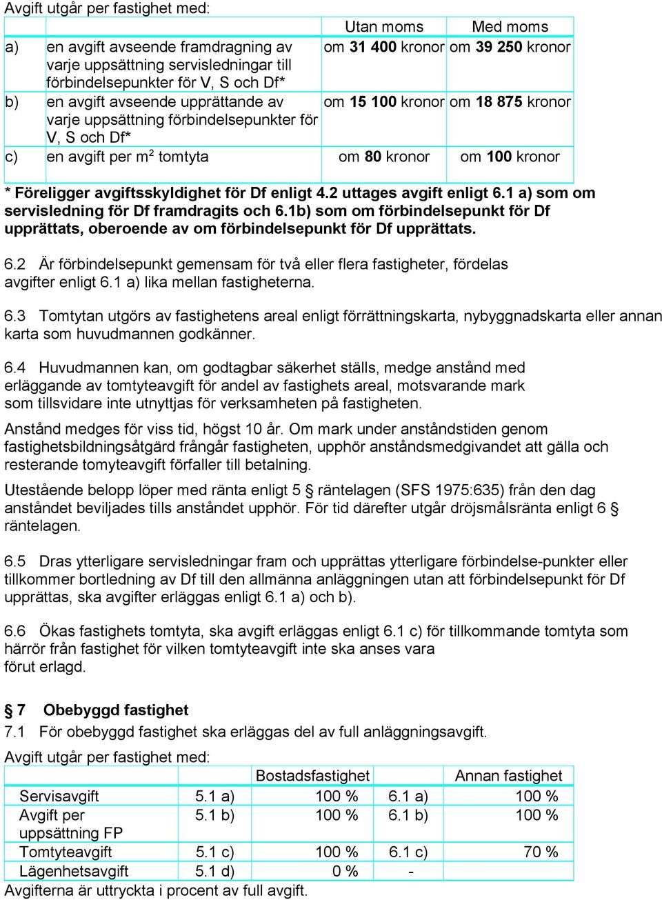 2 uttages avgift enligt 6.1 a) som om servisledning för Df framdragits och 6.1b) som om förbindelsepunkt för Df upprättats, oberoende av om förbindelsepunkt för Df upprättats. 6.2 Är förbindelsepunkt gemensam för två eller flera fastigheter, fördelas avgifter enligt 6.