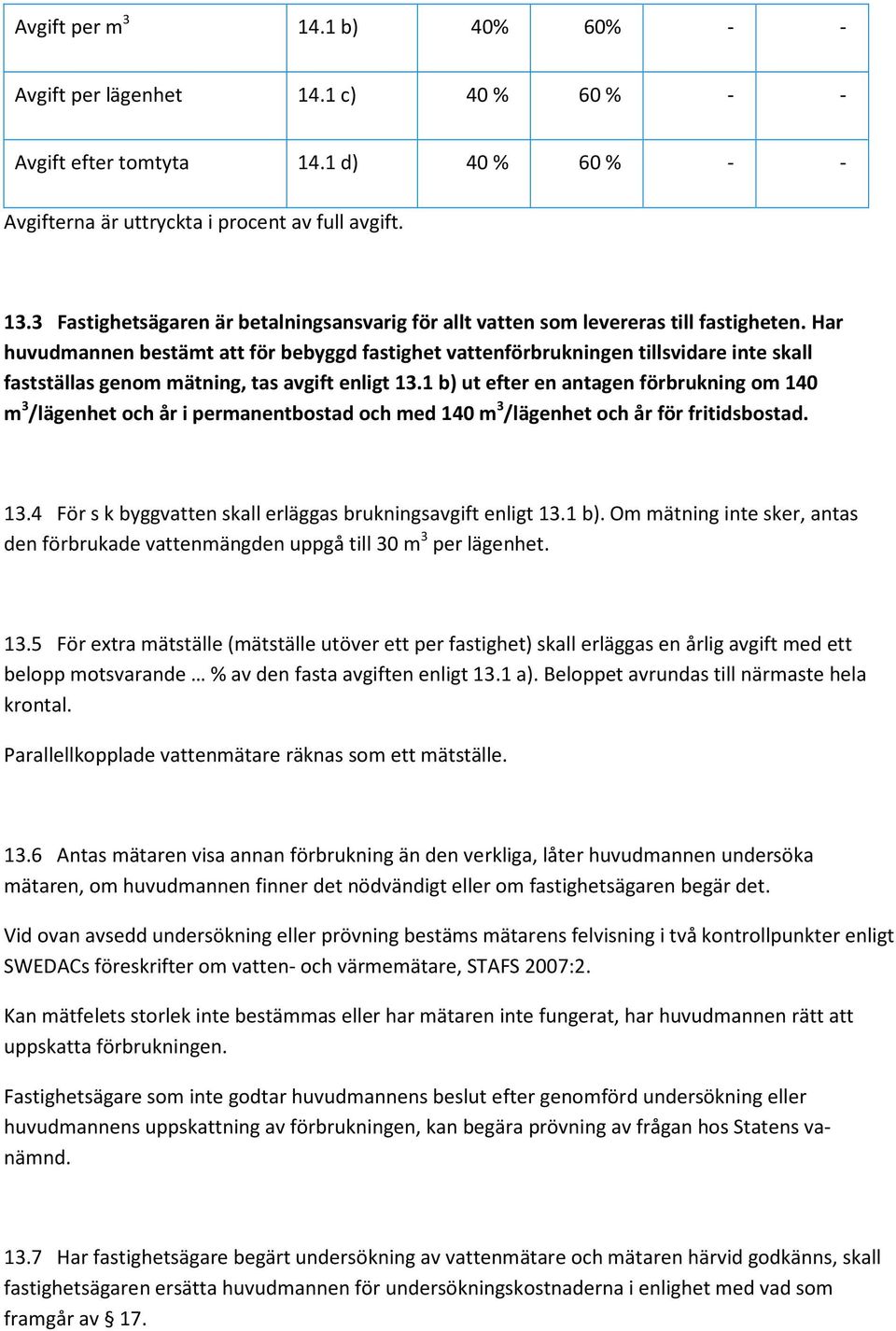 Har huvudmannen bestämt att för bebyggd fastighet vattenförbrukningen tillsvidare inte skall fastställas genom mätning, tas avgift enligt 13.