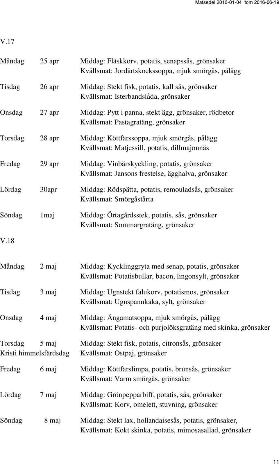 Matjessill, potatis, dillmajonnäs Fredag 29 apr Middag: Vinbärskyckling, potatis, grönsaker Kvällsmat: Jansons frestelse, ägghalva, grönsaker Lördag 30apr Middag: Rödspätta, potatis, remouladsås,