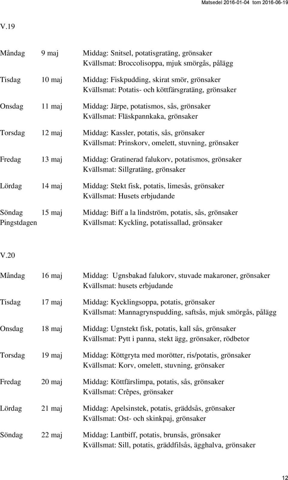 omelett, stuvning, grönsaker Fredag 13 maj Middag: Gratinerad falukorv, potatismos, grönsaker Kvällsmat: Sillgratäng, grönsaker Lördag 14 maj Middag: Stekt fisk, potatis, limesås, grönsaker