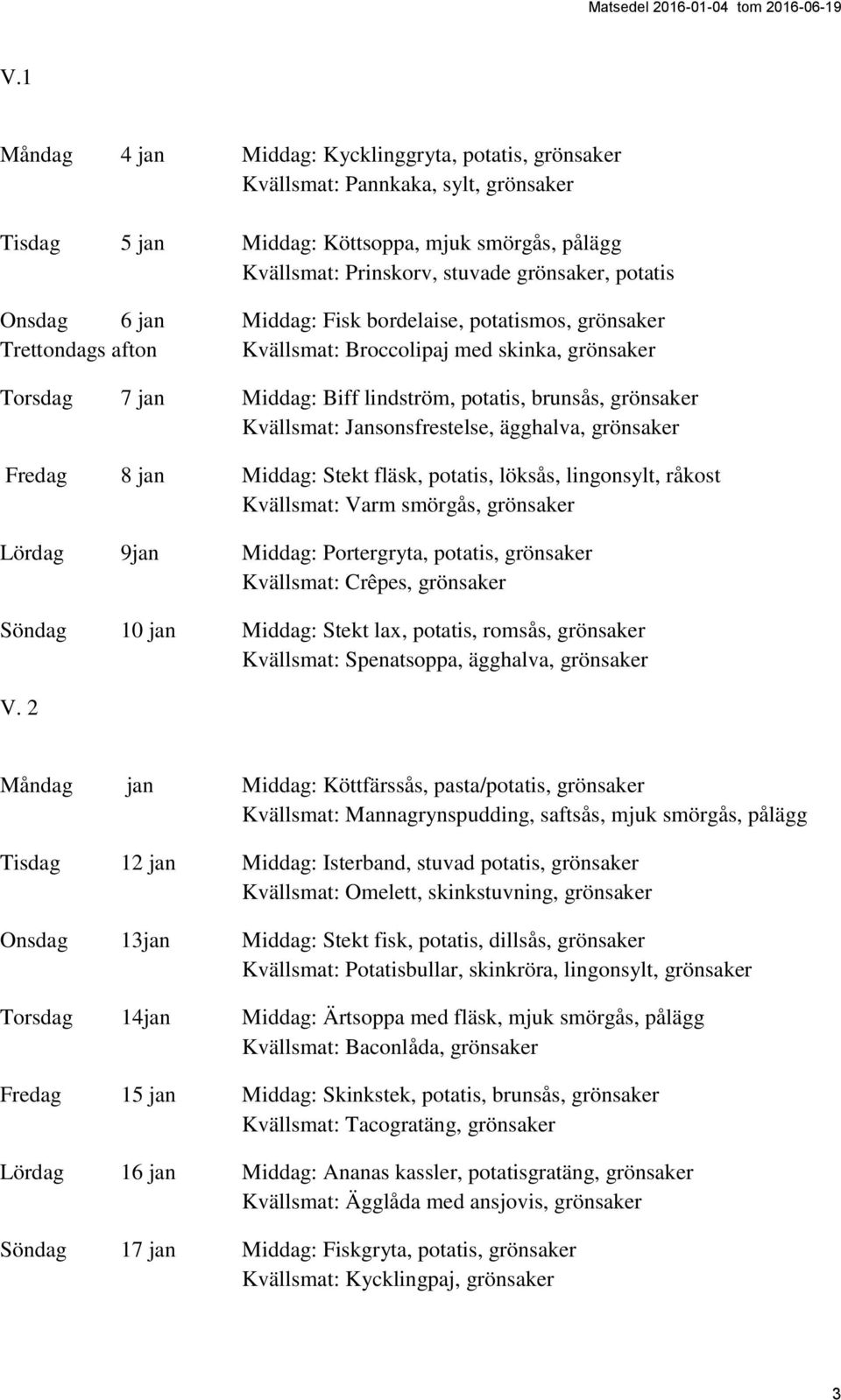 Jansonsfrestelse, ägghalva, grönsaker Fredag 8 jan Middag: Stekt fläsk, potatis, löksås, lingonsylt, råkost Kvällsmat: Varm smörgås, grönsaker Lördag 9jan Middag: Portergryta, potatis, grönsaker