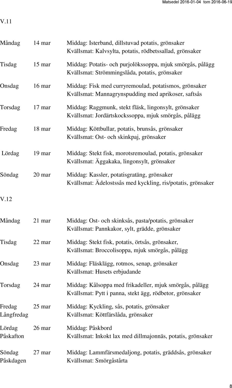 stekt fläsk, lingonsylt, grönsaker Kvällsmat: Jordärtskockssoppa, mjuk smörgås, pålägg Fredag 18 mar Middag: Köttbullar, potatis, brunsås, grönsaker Kvällsmat: Ost- och skinkpaj, grönsaker Lördag 19