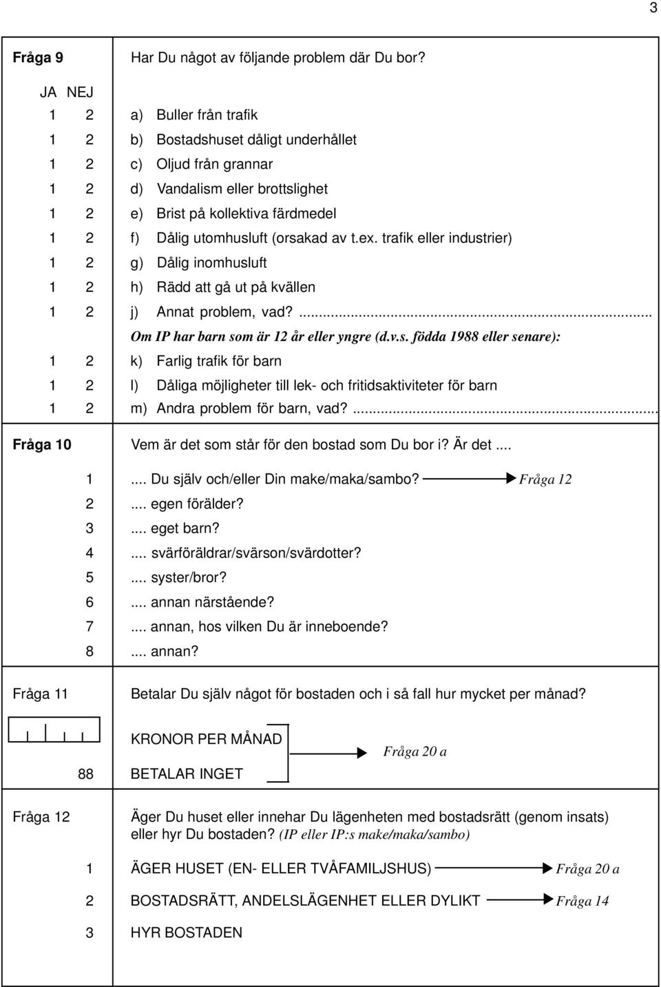 trafik eller industrier) g) Dålig inomhusluft h) Rädd att gå ut på kvällen j) Annat problem, vad?... Om IP har barn som är år eller yngre (d.v.s. födda 988 eller senare): k) Farlig trafik för barn l) Dåliga möjligheter till lek- och fritidsaktiviteter för barn m) Andra problem för barn, vad?