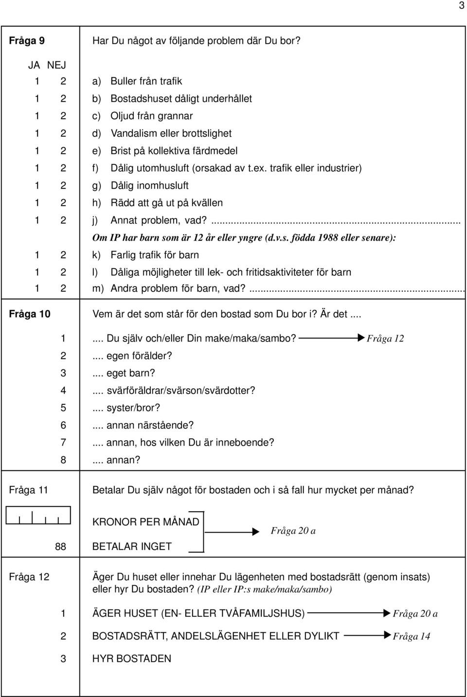 trafik eller industrier) g) Dålig inomhusluft h) Rädd att gå ut på kvällen j) Annat problem, vad?... Om IP har barn som är år eller yngre (d.v.s. födda 988 eller senare): k) Farlig trafik för barn l) Dåliga möjligheter till lek- och fritidsaktiviteter för barn m) Andra problem för barn, vad?