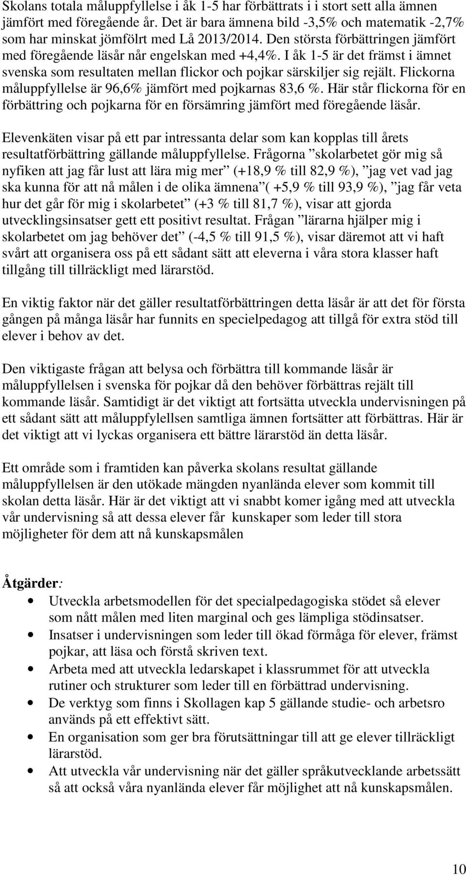 Flickorna måluppfyllelse är 96,6% jämfört med pojkarnas 83,6 %. Här står flickorna för en förbättring och pojkarna för en försämring jämfört med föregående läsår.