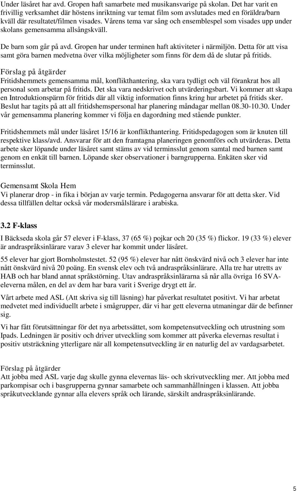 Vårens tema var sång och ensemblespel som visades upp under skolans gemensamma allsångskväll. De barn som går på avd. Gropen har under terminen haft aktiviteter i närmiljön.