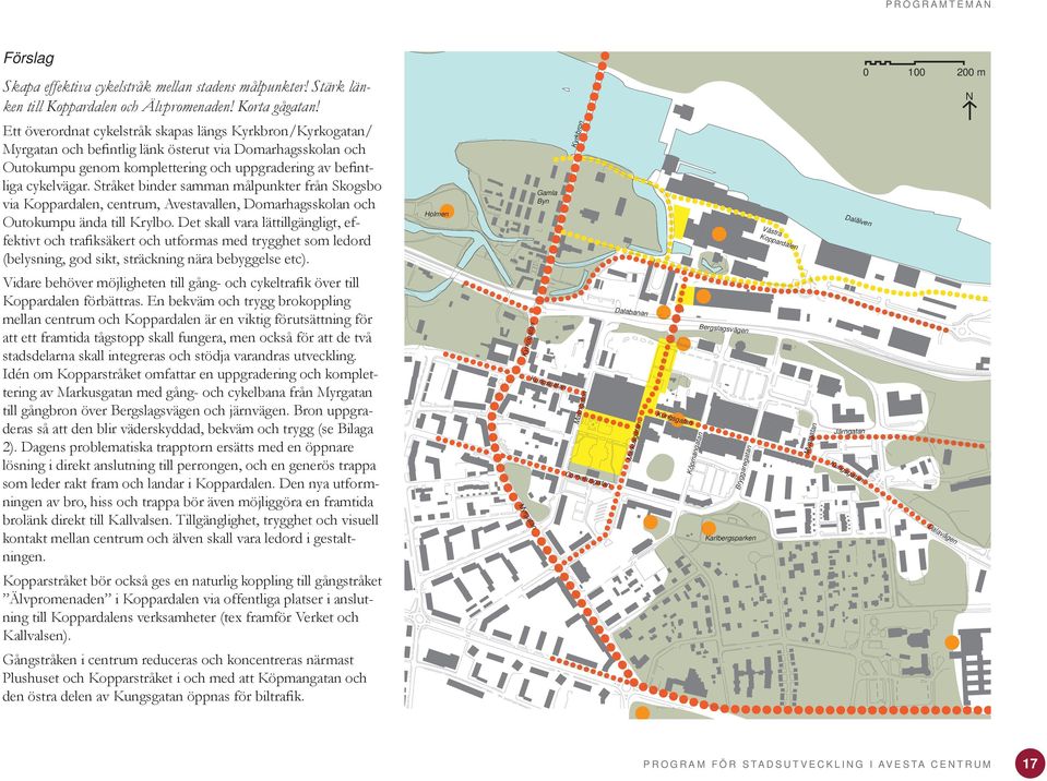 Stråket binder samman målpunkter från Skogsbo via Koppardalen, centrum, Avestavallen, Domarhagsskolan och Outokumpu ända till Krylbo.
