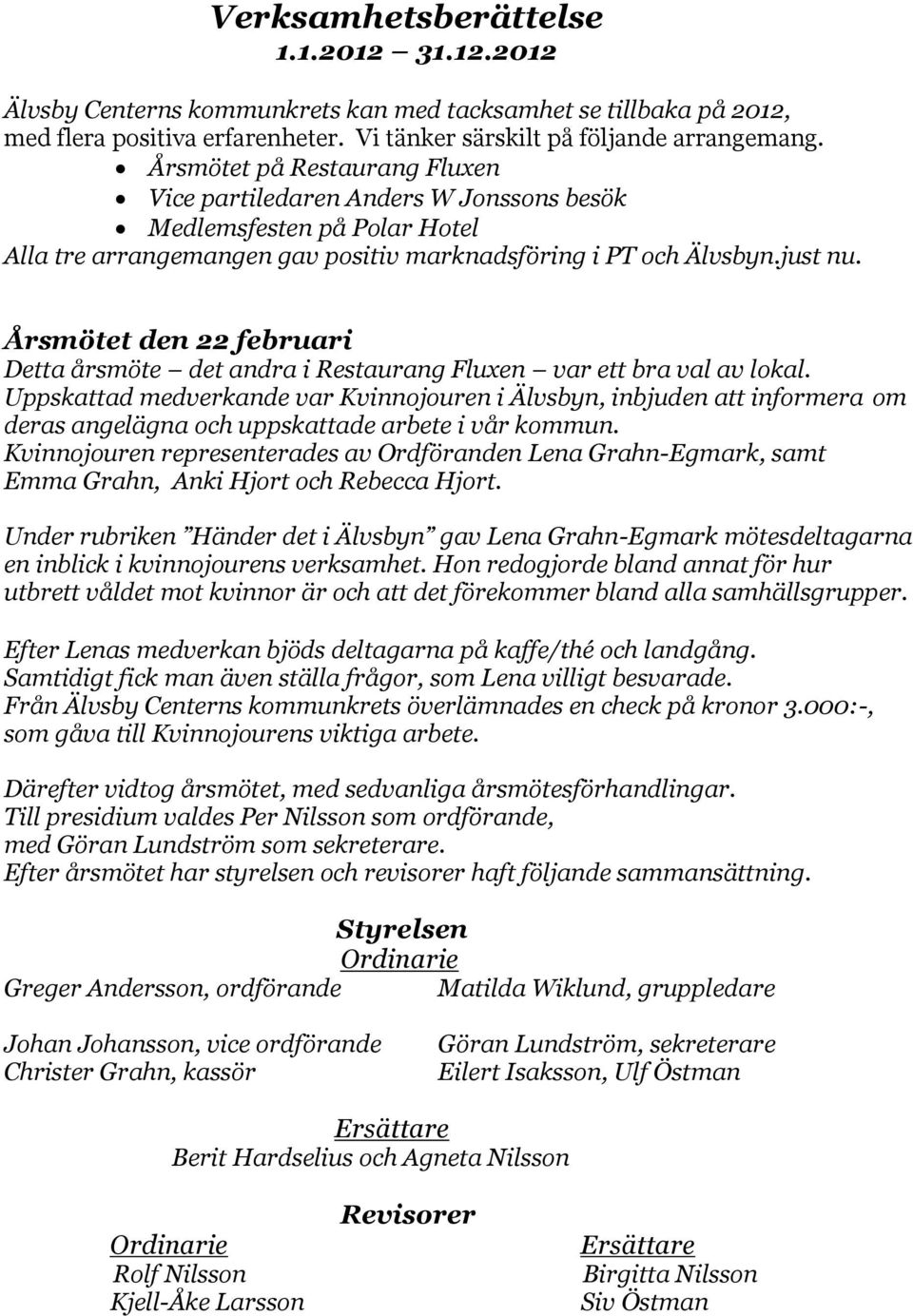 Årsmötet den 22 februari Detta årsmöte det andra i Restaurang Fluxen var ett bra val av lokal.