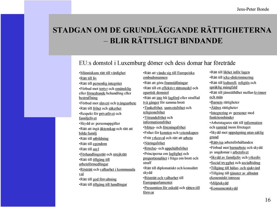 Skydd av personuppgifter Rätt att ingå äktenskap och rätt att bilda familj Rätt till utbildning Rätt till egendom Rätt till asyl Förhandlingsrätt och strejkrätt Rätt till tillgång till