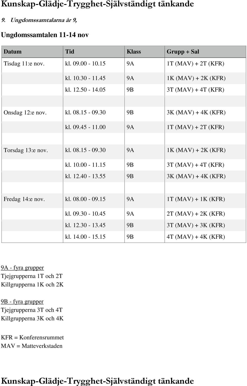 15 9B 3T (MAV) + 4T (KFR) kl. 12.40-13.55 9B 3K (MAV) + 4K (KFR) Fredag 14:e nov. kl. 08.00-09.15 9A 1T (MAV) + 1K (KFR) kl. 09.30-10.45 9A 2T (MAV) + 2K (KFR) kl. 12.30-13.