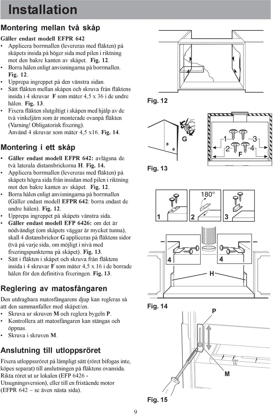 Sätt fläkten mellan skåpen och skruva från fläktens insida i 4 skruvar F som mäter 4,5 x 36 i de undre hålen. Fig. 13.