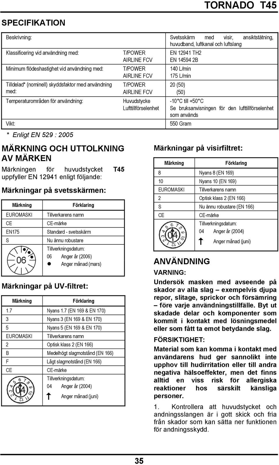 användning: Huvudstycke -10 C till +50 C Lufttillförselenhet Se bruksanvisningen för den lufttillförselenhet som används Vikt: 550 Gram * Enligt EN 529 : 2005 MÄRKNING OCH UTTOLKNING AV MÄRKEN