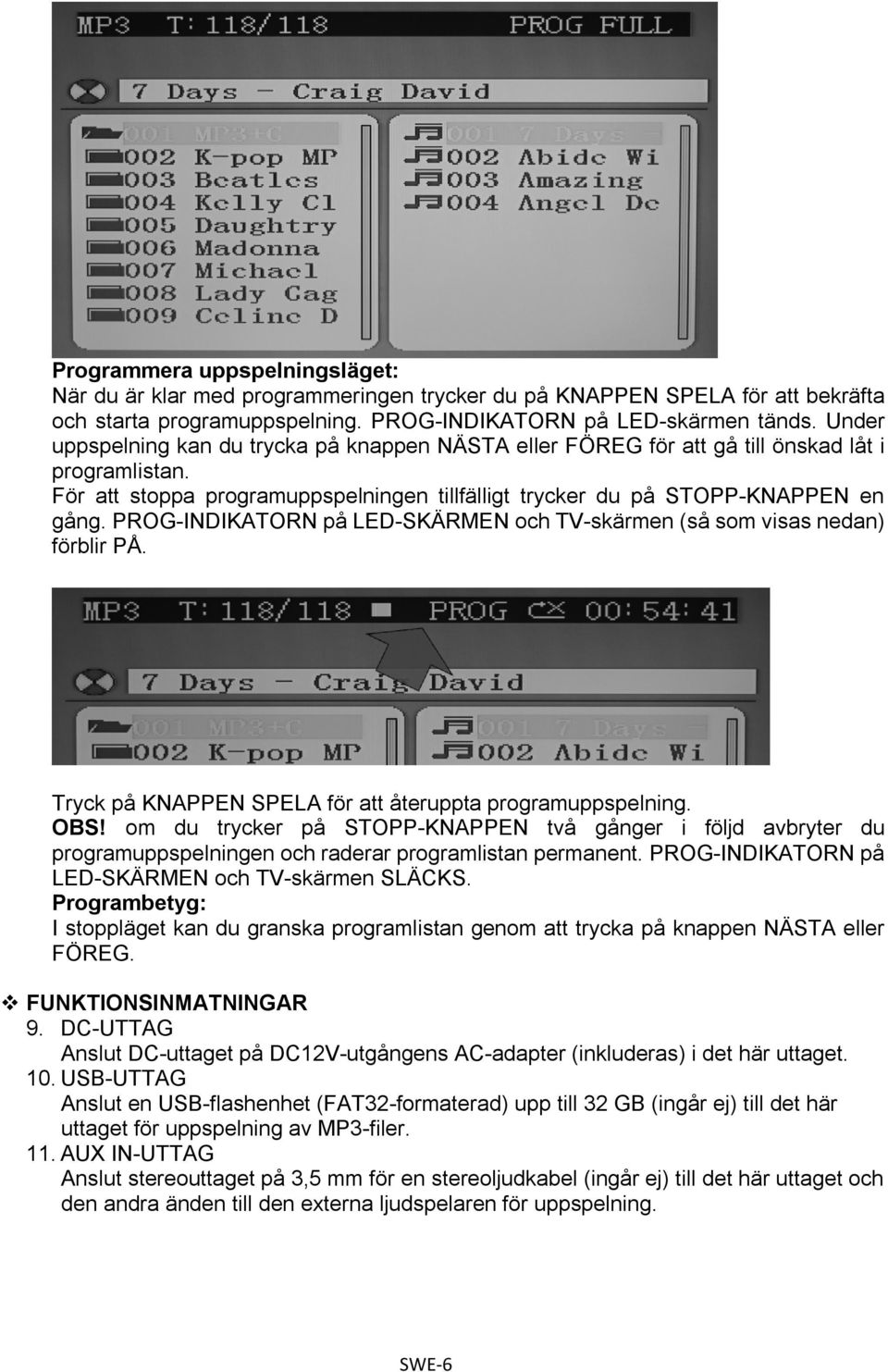 PROG-INDIKATORN på LED-SKÄRMEN och TV-skärmen (så som visas nedan) förblir PÅ. Tryck på KNAPPEN SPELA för att återuppta programuppspelning. OBS!