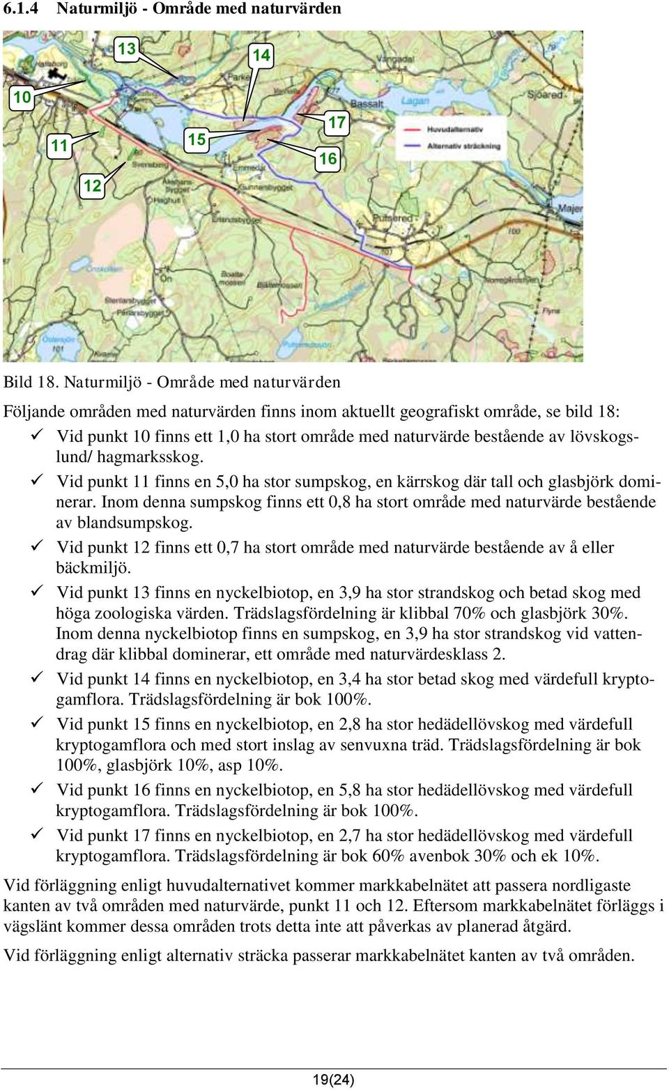 lövskogslund/ hagmarksskog. Vid punkt 11 finns en 5,0 ha stor sumpskog, en kärrskog där tall och glasbjörk dominerar.