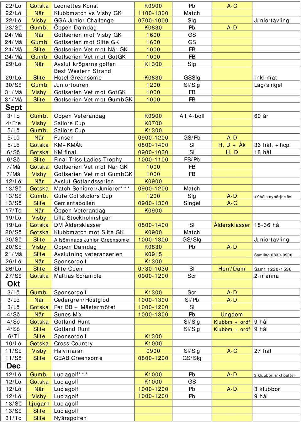GotGK 1000 FB 29/ Lö När Avslut krögarns golfen K1300 Slg 29/ Lö Slite Best Western Strand Hotel Greensom e K0830 GSSlg I nkl m at 30/ Sö Gum b Juniortouren 1200 Sl/ Slg Lag/ singel 31/ Må Visby