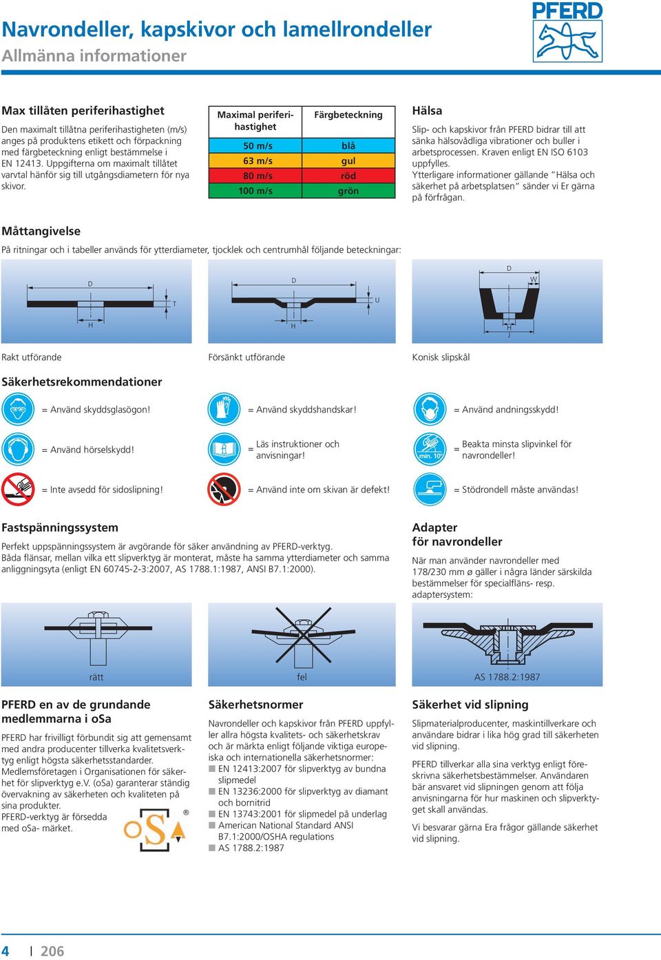 Maximal periferihastighet Färgbeteckning 50 m/s blå 63 m/s gul 80 m/s röd 100 m/s grön Hälsa Slip- och kapskivor från PFERD bidrar till att sänka hälsovådliga vibrationer och buller i arbetsprocessen.