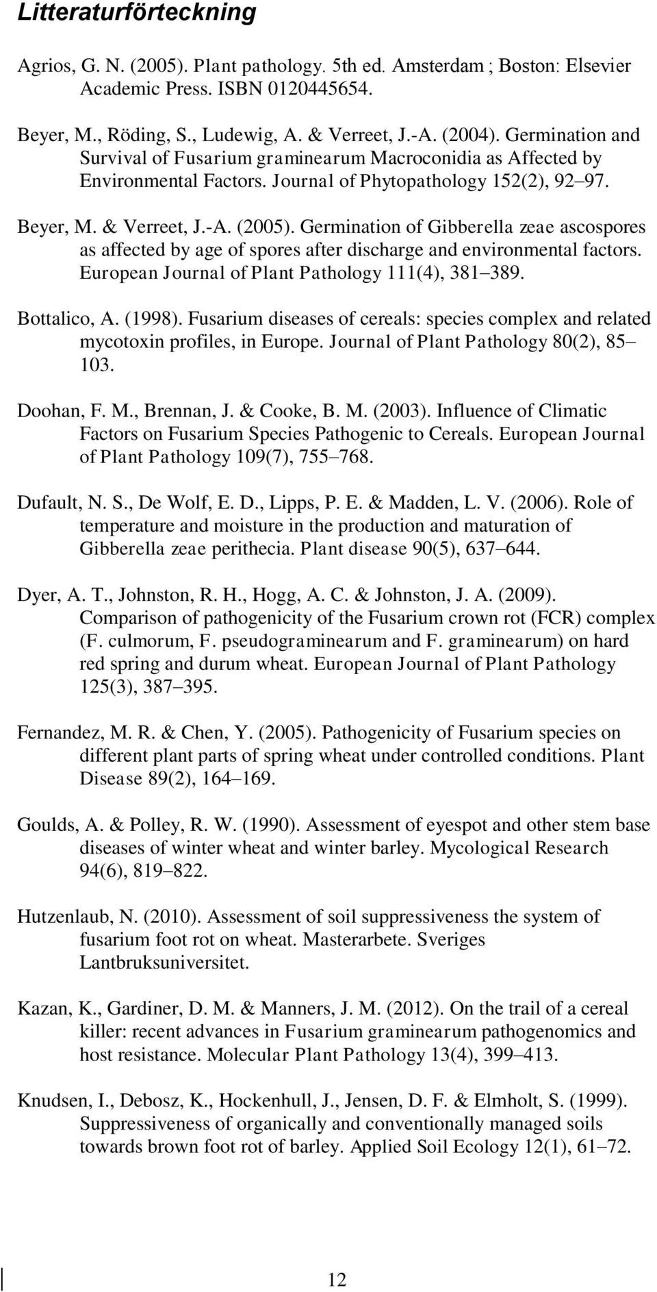 Germination of Gibberella zeae ascospores as affected by age of spores after discharge and environmental factors. European Journal of Plant Pathology 111(4), 381 389. Bottalico, A. (1998).