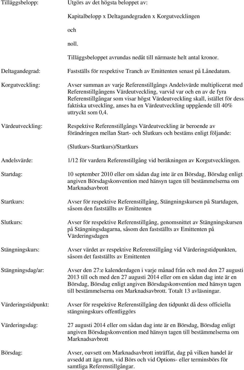 Avser summan av varje Referenstillgångs Andelsvärde multiplicerat med Referenstillgångens Värdeutveckling, varvid var och en av de fyra Referenstillgångar som visar högst Värdeutveckling skall,