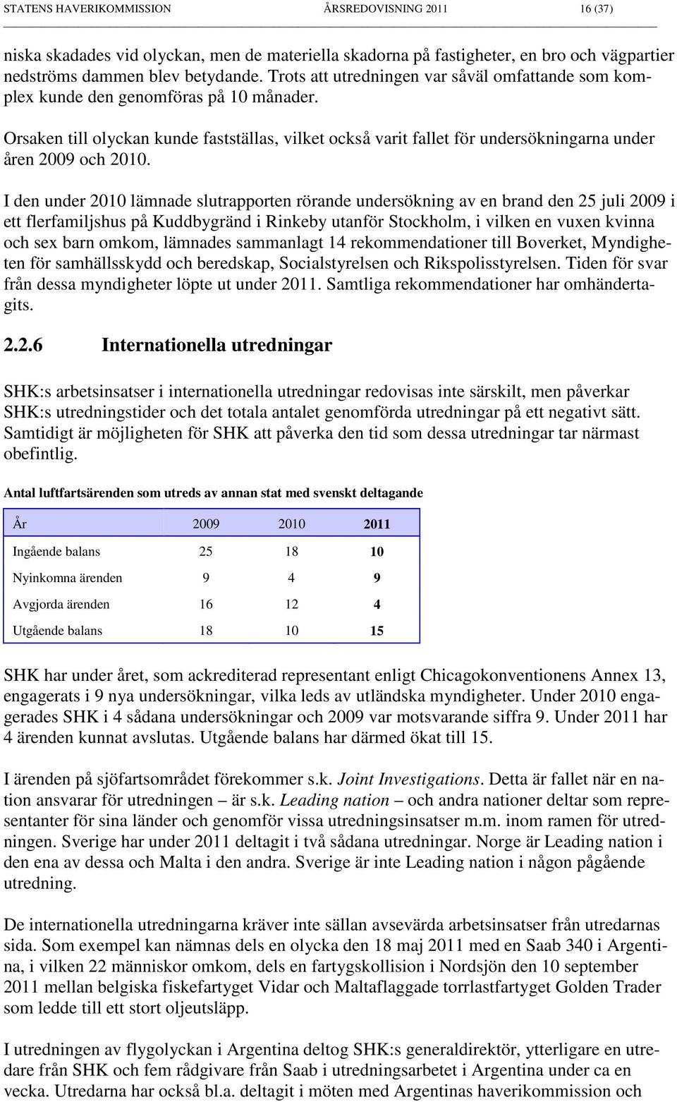 Orsaken till olyckan kunde fastställas, vilket också varit fallet för undersökningarna under åren 2009 och 2010.