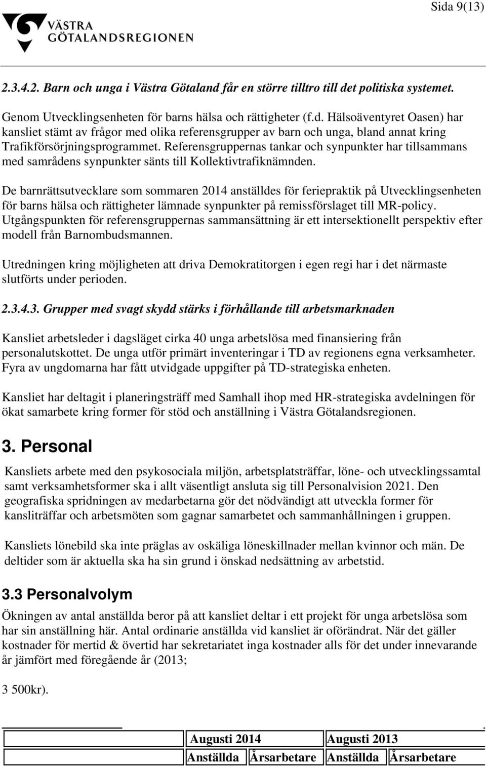 De barnrättsutvecklare som sommaren 2014 anställdes för feriepraktik på Utvecklingsenheten för barns hälsa och rättigheter lämnade synpunkter på remissförslaget till MR-policy.