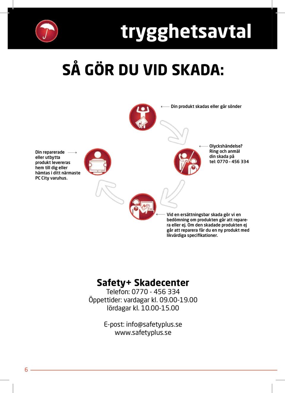 Ring och anmäl din skada på tel: 0770 456 334 Vid en ersättningsbar skada gör vi en bedömning om produkten går att reparera eller ej.