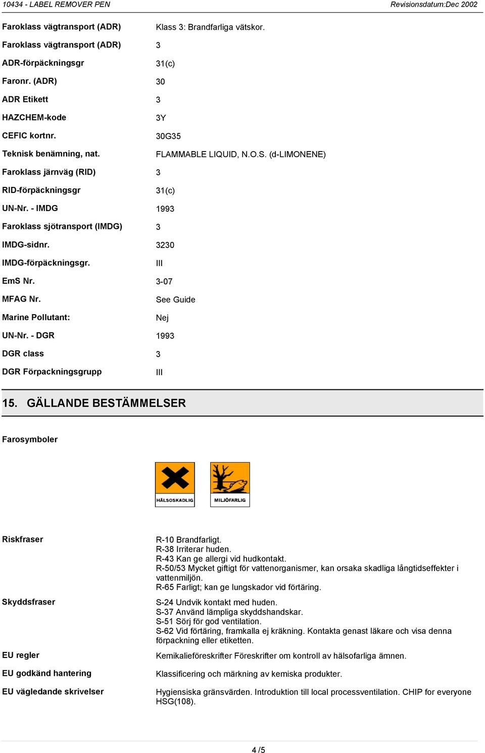 3-07 MFAG Nr. Marine Pollutant: See Guide Nej UN-Nr. - DGR 1993 DGR class 3 DGR Förpackningsgrupp III 15.