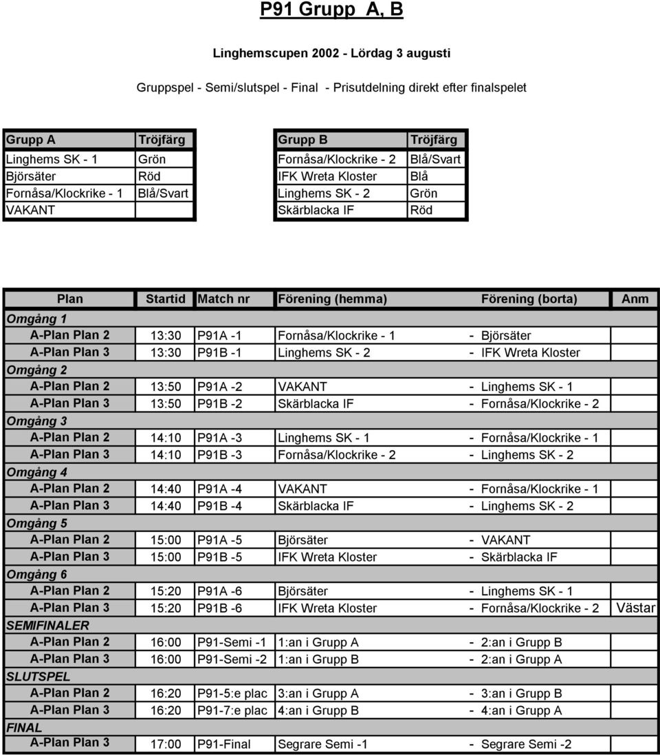 2 - IFK Wreta Kloster A-Plan Plan 2 13:50 P91A -2 VAKANT - Linghems SK - 1 A-Plan Plan 3 13:50 P91B -2 Skärblacka IF - Fornåsa/Klockrike - 2 A-Plan Plan 2 14:10 P91A -3 Linghems SK - 1 -