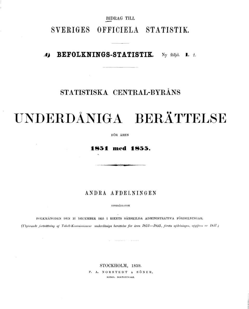 ANDRA AFDELNINGEN INNEHÅLLANDE FOLKMÄNGDEN DEN 31 DECEMBER 1855 I RIKETS SÄRSKILDA ADMINISTRATIVA FÖRDELNINGAR.