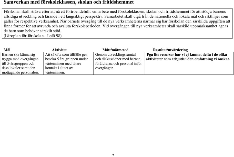 När barnets övergång till de nya verksamheterna närmar sig har förskolan den särskilda uppgiften att finna former för att avrunda och avsluta förskoleperioden.