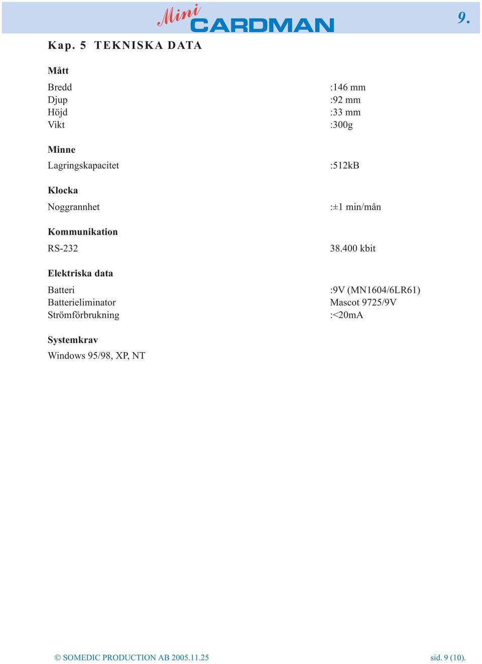 Noggrannhet Kommunikation RS-232 :512kB :±1 min/mån 38.