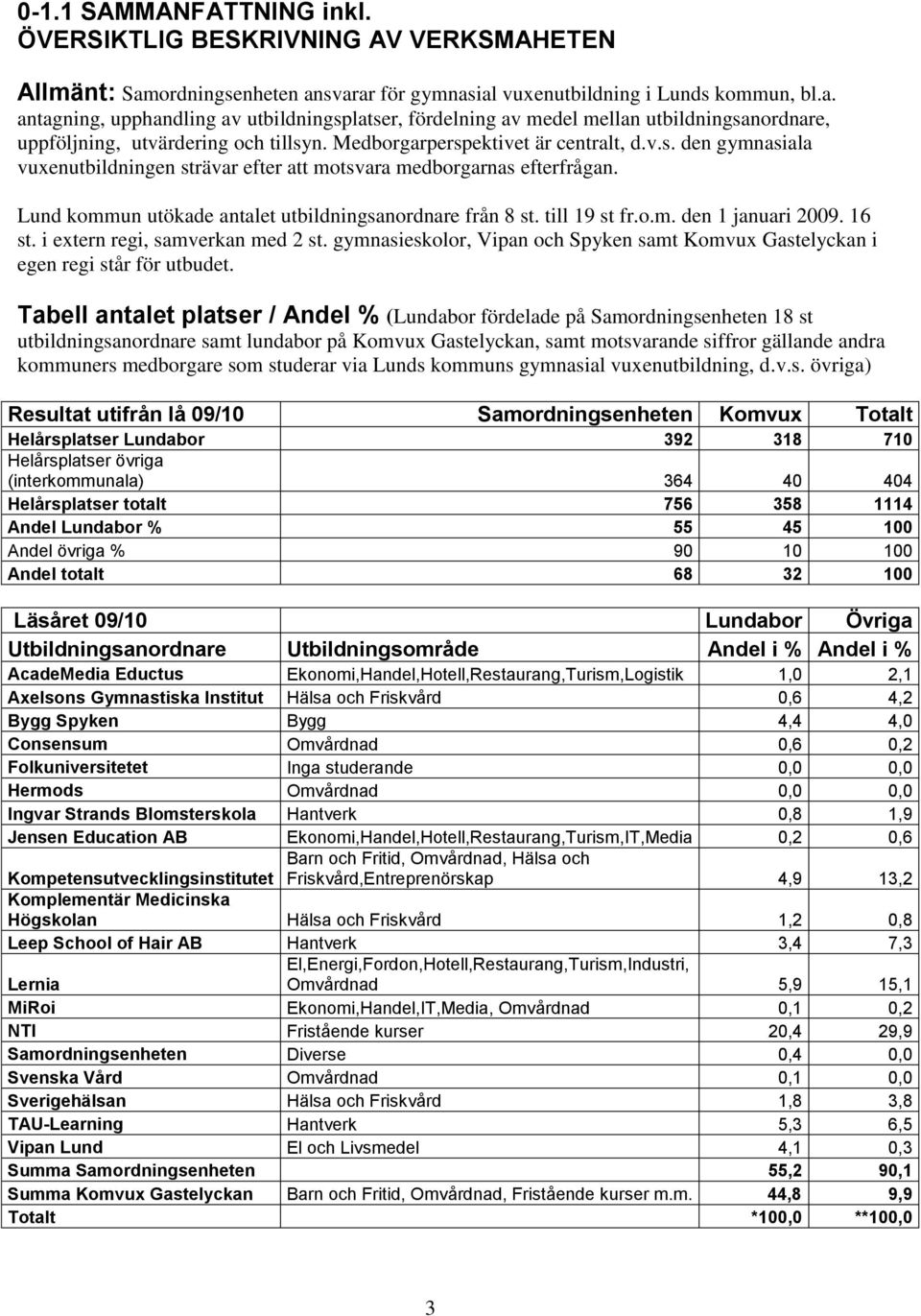 Medborgarperspektivet är centralt, d.v.s. den gymnasiala vuxenutbildningen strävar efter att motsvara medborgarnas efterfrågan. Lund kommun utökade antalet utbildningsanordnare från 8 st.