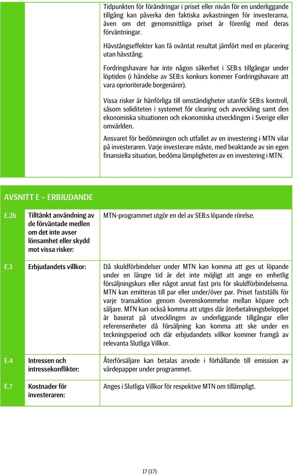 Fordringshavare har inte någon säkerhet i SEB:s tillgångar under löptiden (i händelse av SEB:s konkurs kommer Fordringshavare att vara oprioriterade borgenärer).